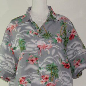 SSLR Slate Blue Pink Flamingos & Palm Trees Short-Sleeve Hawaiian Shirt Size L